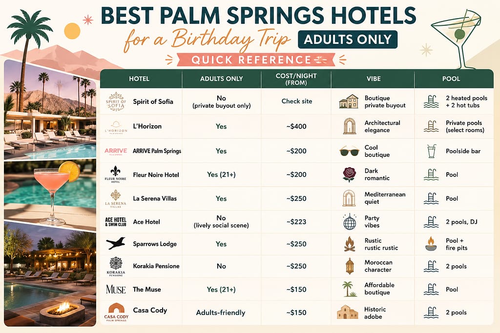 Best Palm Springs Hotels for a Birthday Trip Adults Only: Quick Reference