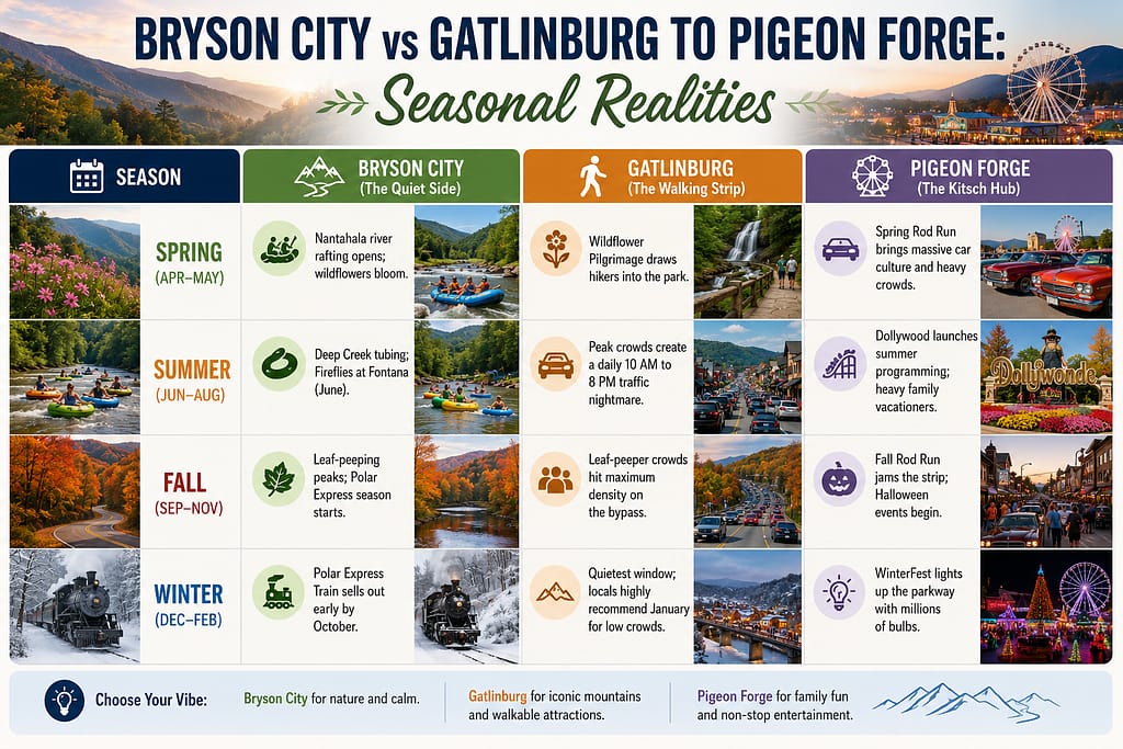 Bryson City vs Gatlinburg to Pigeon Forge: Seasonal Realities