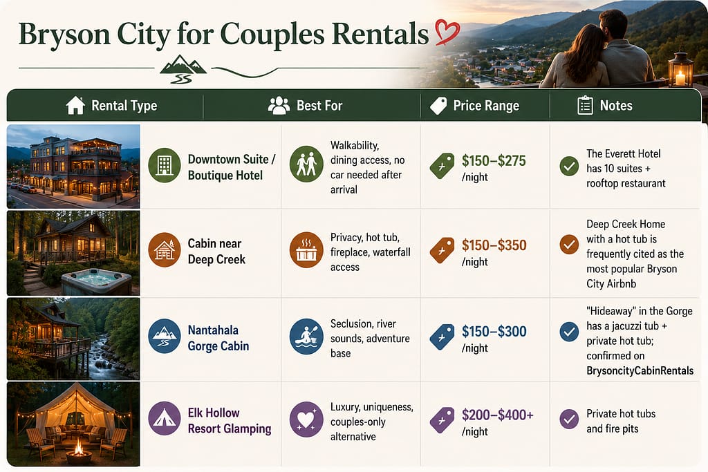 Bryson City for Couples: 12 Romantic Ideas (2026 Guide) 2 Bryson City for Couples Rentals